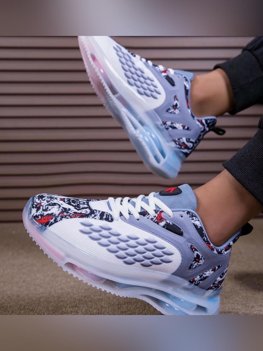 White & Light Blue Graphic Mesh Athletic Sneakers